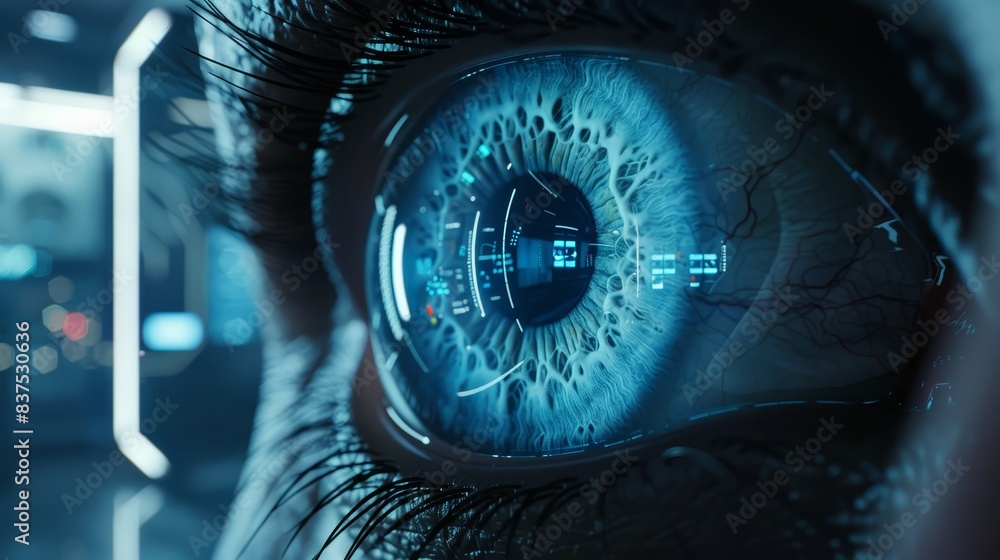 Poster futuristic eye with digital interface overlay - close-up of a human eye with futuristic digital grap