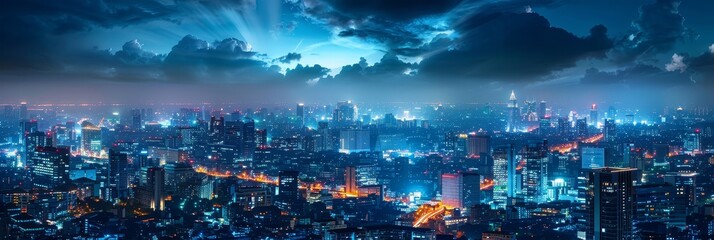 Nighttime panoramic cityscape under clouds - An expansive view of a city at night with lights and buildings under a dramatic cloud-covered sky