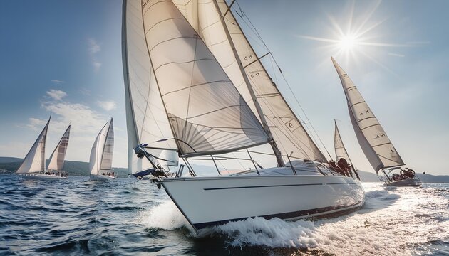Sailboats racing on the open sea under a bright sun, capturing the excitement and skill of a sailing competition. 