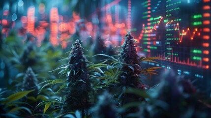 Cannabis plants with stock market data. Cannabis plants in focus with a digital stock market data display in the background, blending nature with financial analytics.