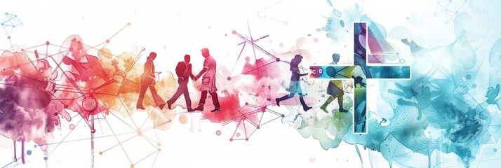 Naklejka premium People walking towards cross in watercolor - The image illustrates a dynamic scene of people moving towards a cross, all rendered in a watercolor style