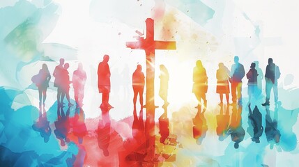 Watercolor silhouette of crowd and cross - A crowd of silhouettes standing in front of a large cross is depicted using bold watercolor techniques
