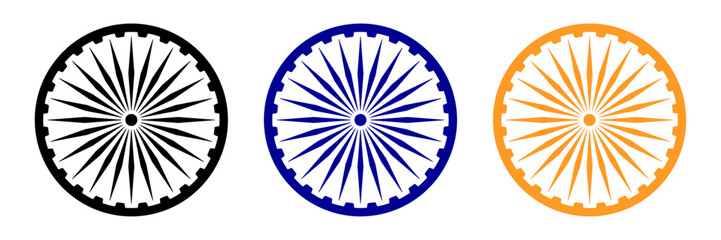Ashok chakra in black, blue and orange color with accurate lines. Indian flag Ashoka chakra wheel in flat style. Vector illustration