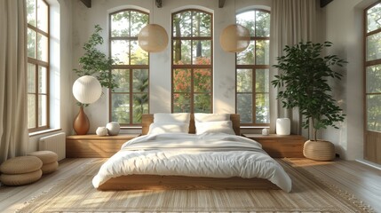 Bright Bedroom with Natural Elements. Bright and airy bedroom with large windows, natural wooden furniture, and green plants, creating a serene and organic atmosphere.