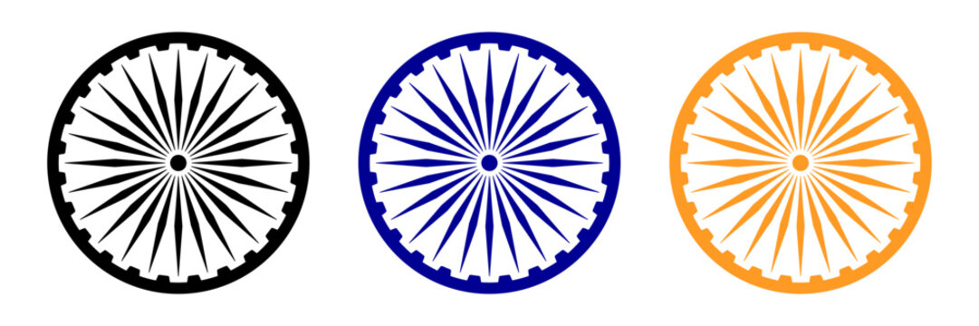 Ashok chakra in black, blue and orange color with accurate lines. Indian flag Ashoka chakra wheel in flat style. Vector illustration