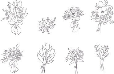 Fototapeta premium 線画の花束イラスト。花束のベクターイラスト。手描きのウェディングブーケイラストセット。Bouquet illustration of line drawing. Vector illustration of bouquet. Hand drawn wedding bouquet last set.