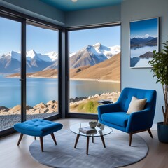 one chair  and blue sofa sat in the modern room on the waterfront with mountains and blue sky
