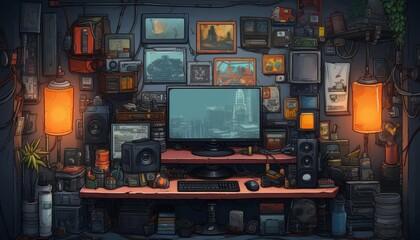 Television flat design top view gaming setup theme animation Complementary Color Scheme