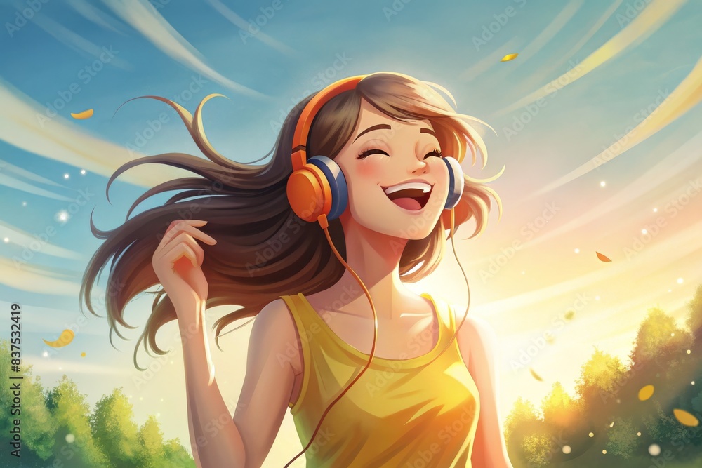 Wall mural A girl is listening to music while standing in a field