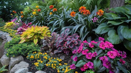 The beautiful summer garden at home boasts a stunning design with lush green trees, vibrant flowers, and a backdrop of nature bathed in sunlight during the spring, creating an enchanting outdoor space