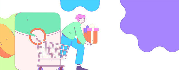 Holiday shopping people doing e-commerce online shopping flat vector concept operation hand drawn illustration
