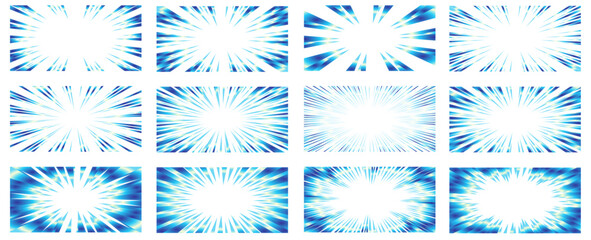 キラキラした青色のグラデーションの集中線セット