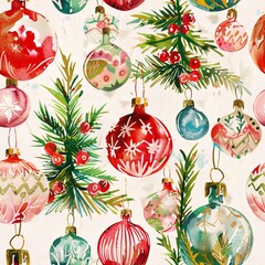 A seamless pattern of Christmas ornaments and wrapping paper featuring hand-painted holiday scenes, harmoniously arranged