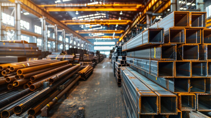 A large warehouse with many steel pipes stacked up