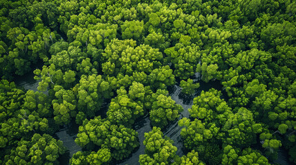 Naklejka premium A lush green forest with trees of various sizes and shapes