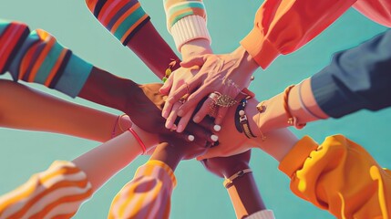 A group of people are holding hands in a circle team event unity digital illustration