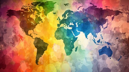 Naklejka premium A colorful world map with a rainbow background unity across the world, diversity of countries