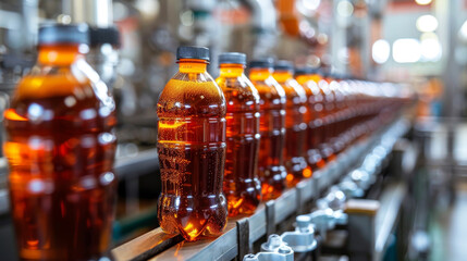Bottles of soda are being made on a production line