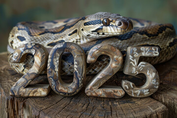 Fototapeta premium A snake is laying on a log with the numbers 2025 written on it