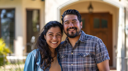 Fototapeta premium A man and woman are smiling for the camera in front of a house