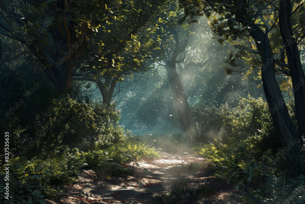 Poster a forest path with trees and a stream