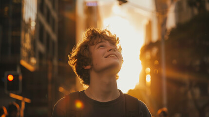 A young man with curly hair is smiling and looking up at the sun