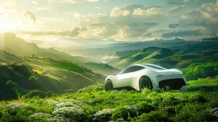 Fototapeta premium Futuristic electric car cruising through a lush green landscape, blending technology seamlessly with nature's beauty.