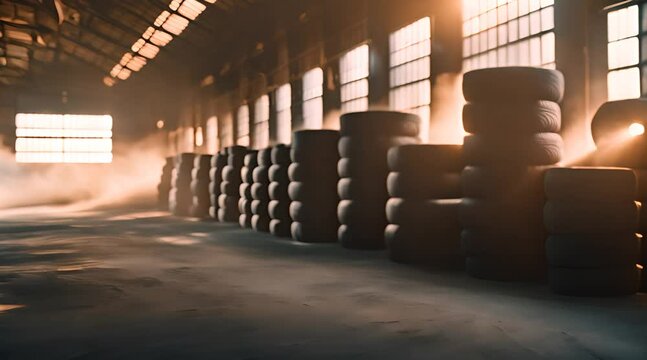 Stacks of car tires along a factory warehouse with sunlight coming in through the windows