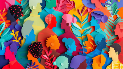 A colorful collage of people with different skin tones and hair colors