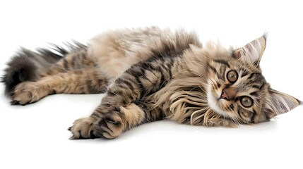 Obraz premium A Turkish Angora cat lying on its side, displaying its silky, semi-long coat and graceful build, with its large, almond-shaped eyes and tufted ears, white background