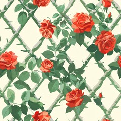 Seamless pattern background in a sweet and bright theme. Vibrant red climbing roses with delicate petals climb playfully on a trellis or wall. Illustrator style.