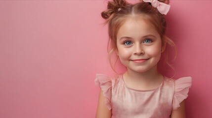 Fototapeta premium A little girl in pink dress with blue eyes.