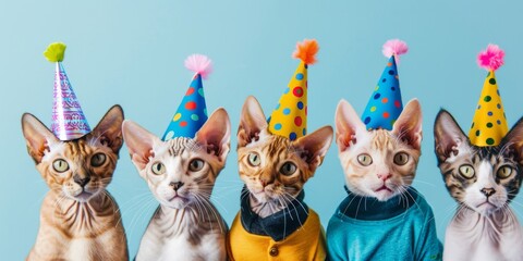 Creative animal concept. Group of Devon Rex kittens wearing trendy quirky cool character colorful outfits on bright background for advertising, copy space. Birthday party invitation banner, 4k HD wall