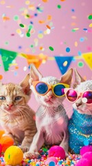 Fototapeta premium Creative animal concept. Group of Devon Rex kittens wearing trendy quirky cool character colorful outfits on bright background for advertising, copy space. Birthday party invitation banner, 4k HD wall