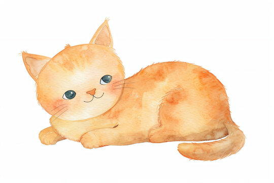 Adorable Orange Cat Lying Down Watercolor Illustration