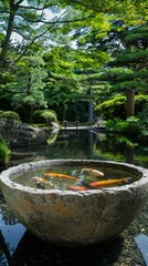 Fototapeta premium Large, shallow stone bowl in a Japanese garden, with koi fish swimming inside generated by AI