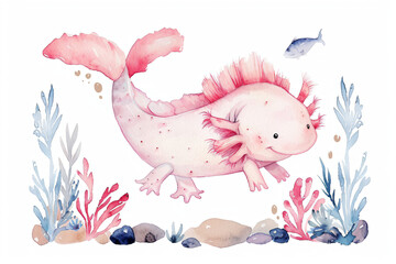 Cute Watercolor Axolotl Illustration