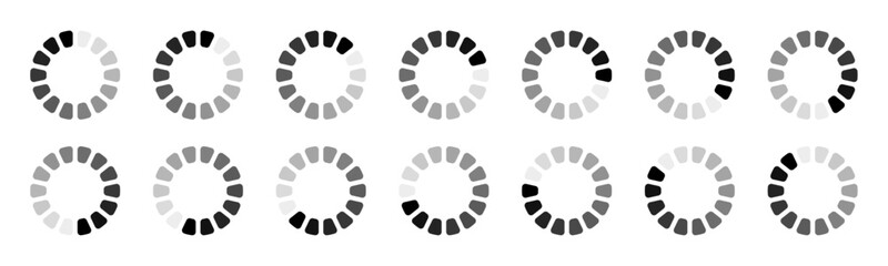 Curved hollow circle segmented into 14 parts buffering icon set. Set of hollow circles divided into fourteen shades of black colour loading, processing or buffering icon isolated on white background.