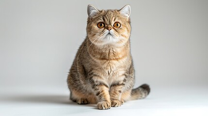 Obraz premium A relaxed Exotic Shorthair cat sitting calmly, displaying its short, dense coat and round face, with its large, round eyes giving a gentle and serene expression, white background