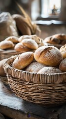 A traditional woven basket bowl filled with fresh bread rolls generated by AI