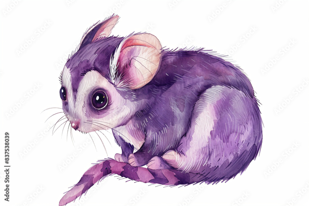 Sticker watercolor illustration of a cute purple sugar glider