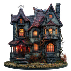Fototapeta premium Gothic haunted house with illuminated windows, eerie atmosphere, and intricate architectural details, perfect for Halloween-themed designs. transparent backgrounds