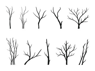 Set of naked trees silhouettes. Hand drawn dead tree