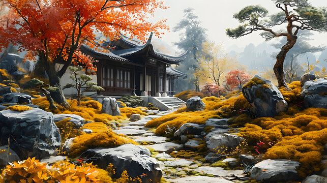Zen pavilion garden art scenery illustration background poster decorative painting