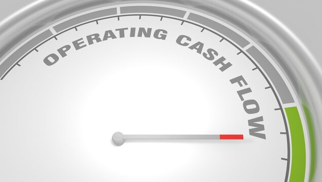 Operating Cash Flow - measure of the amount of cash generated by a company's normal business operations. Instrument scale with arrow. Colorful infographic gauge element. 3D render