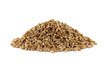 Closeup pile of wheat grains for natural food isolated on white background