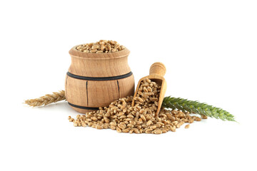 Wooden barrel and scooper filled with wheat grains next to wheat ears on white background
