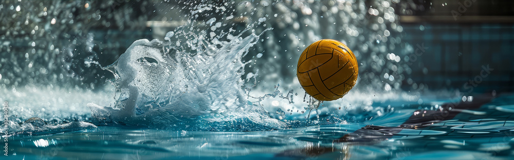 Poster water polo player makes intense splash - intense action in a water polo game with a player creating 