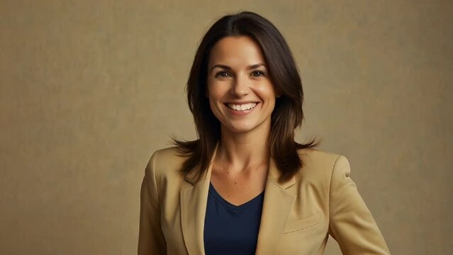 40 years old woman  wearing blazer smiling, isolated on light yellow background