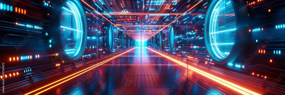 Poster vibrant red and blue sci-fi tunnel - this image features a vibrant science fiction tunnel with red a